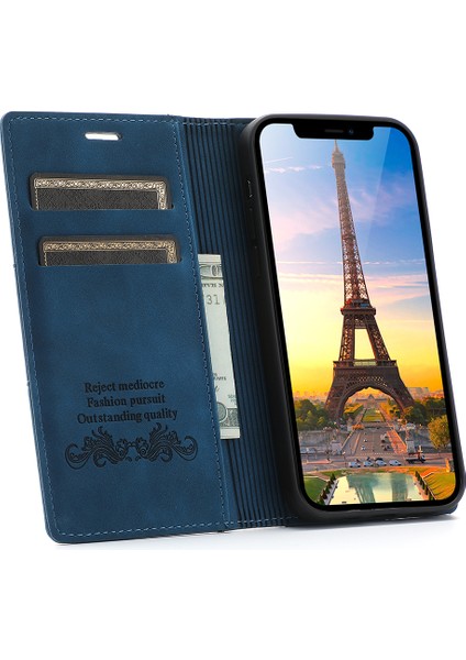 Otomatik Emici Folio Flip Pu Deri Deri Cüzdan Standı Telefon Kapağı Kabuğu Için iPhone 12/12 Pro-Mavi (Yurt Dışından)