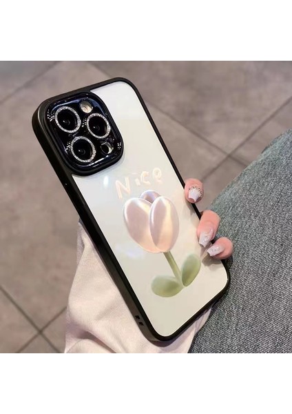 Iphone 12 Pro Maks Tulip Desen Telefon Kapağı Işıltılı Toz Dekor Cam+Tpu Telefon Kılıfı Kabuk-Black (Yurt Dışından)