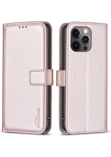 BF17 Iphone 12/12 Pro Için Cüzdan Kılıfı, Pu Deri Stand Folio Telefon Kapağı - Gül Altın (Yurt Dışından)