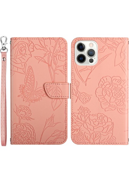Iphone 12 Pro Maks Cüzdan Için Stand Şok Geçirmez Kasa Cilt Touch Pu Deri Telefon Koruyucu Şık Kelebekler Baskılı Anti-Drop Folio Flip Kapak Strap-Pink ile (Yurt Dışından)