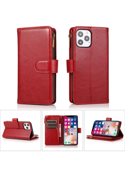 Iphone 12 Pro Max Telefon Kılıfı Çılgın At Deri Kaplamalı Tpu Cüzdan Telefon Stand Kılıfı 9 Kart Yuvası Kickstand Shell -Ed -Red (Yurt Dışından)
