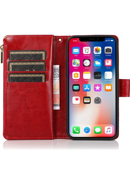 Iphone 12 Pro Max Telefon Kılıfı Çılgın At Deri Kaplamalı Tpu Cüzdan Telefon Stand Kılıfı 9 Kart Yuvası Kickstand Shell -Ed -Red (Yurt Dışından) fırsatları