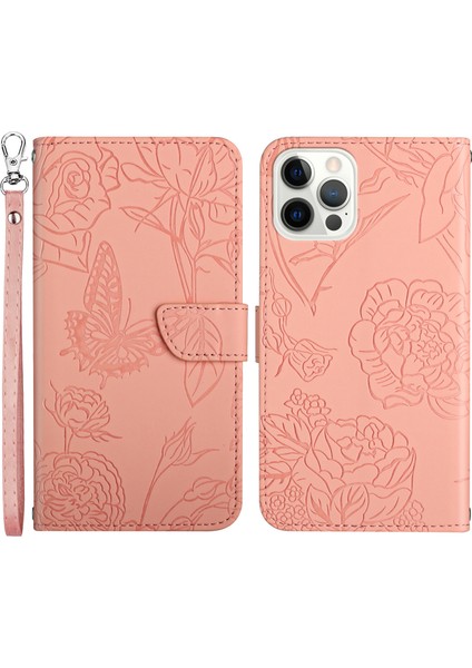 Iphone 12/12 Pro Phone Case Cilt Touch Pu Deri Telefon Kılıfı Şık Kelebekler Baskılı Anti Drop Folio Flip Kapak Cüzdan Stand-Pink (Yurt Dışından)