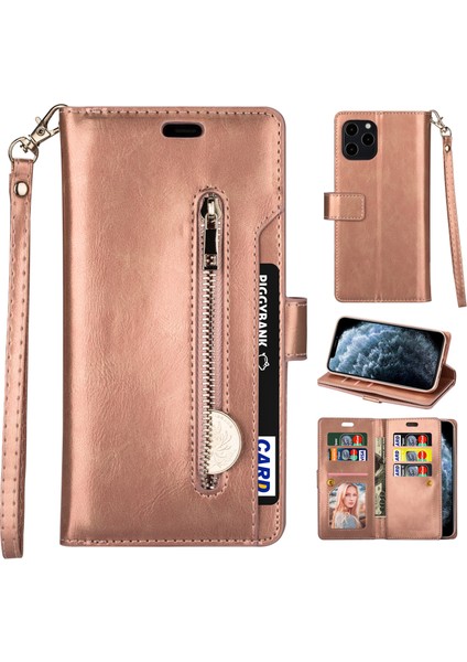 Iphone 12 Pro/12 Deri Telefon Kılıfı Bilek Strap Çok Fonksiyonlu Koruyucu Kılıf Cüzdan Stand Telefon Kapağı Fermuarı Pocket-Rose Altın (Yurt Dışından)