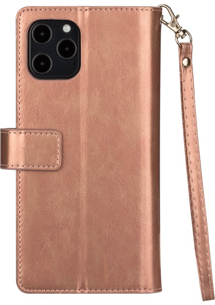 Iphone 12 Pro/12 Deri Telefon Kılıfı Bilek Strap Çok Fonksiyonlu Koruyucu Kılıf Cüzdan Stand Telefon Kapağı Fermuarı Pocket-Rose Altın (Yurt Dışından) modelleri