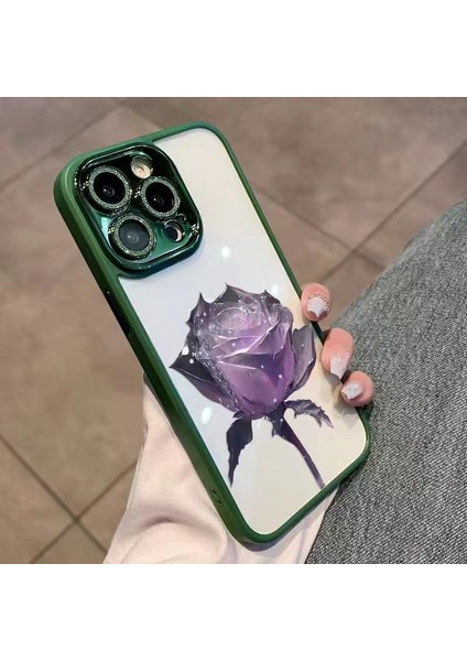 Iphone 12 Pro Max Tpu Için Telefon Kılıfı Crystal Gül Glitter Kamera Yüzük Lens Film Yeşili/mor Gülle Geri Kapak (Yurt Dışından)