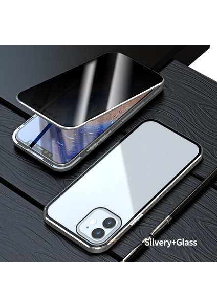 Anti-Peep Manyetik Kurulum Metal Çerçeve Iphone 12 Pro/12-Silver Için Iki Taraflı Temperli Cam Kılıf (Yurt Dışından)