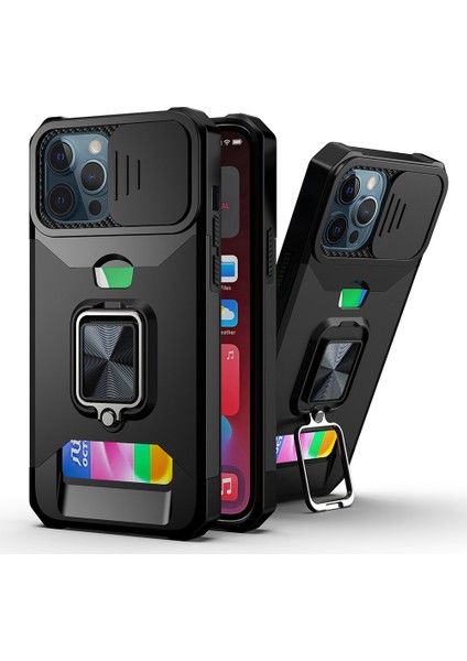 Iphone 12 Pro Max Telefon Kılıfı Kamera Kaydırıcısı Hibrit Telefon Kılıfı Kart Tutucu ile Döner Kickstand Shell -Black (Yurt Dışından)