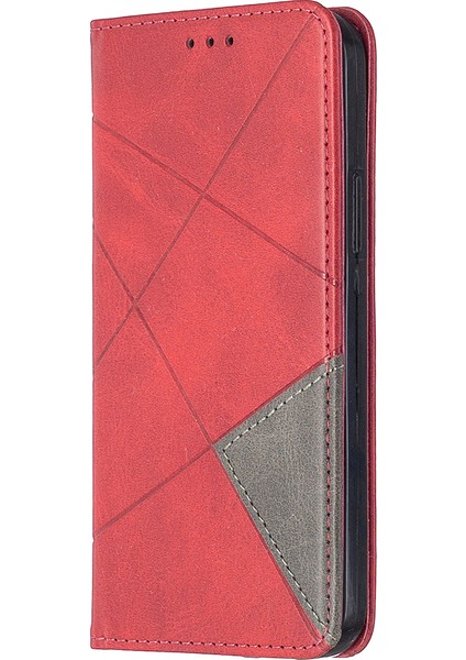 Iphone 12 Pro/12 Için Kart Yuvalı Geometrik Desen Deri Stand Kılıfı - Kırmızı (Yurt Dışından) fiyatları