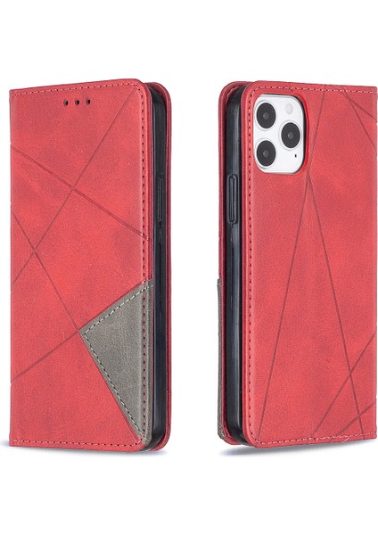 Iphone 12 Pro/12 Için Kart Yuvalı Geometrik Desen Deri Stand Kılıfı - Kırmızı (Yurt Dışından) fırsatları