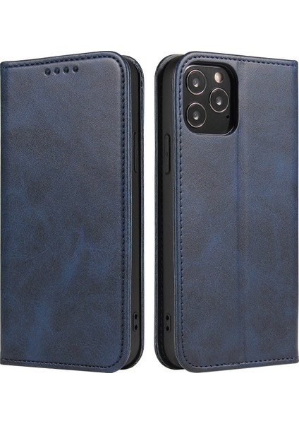 Buzağı Doku Deri Kapağı Iphone 12 Pro Max 6.7 Inç, Manyetik Stand Telefon Kılıf Cüzdanı - Mavi (Yurt Dışından)