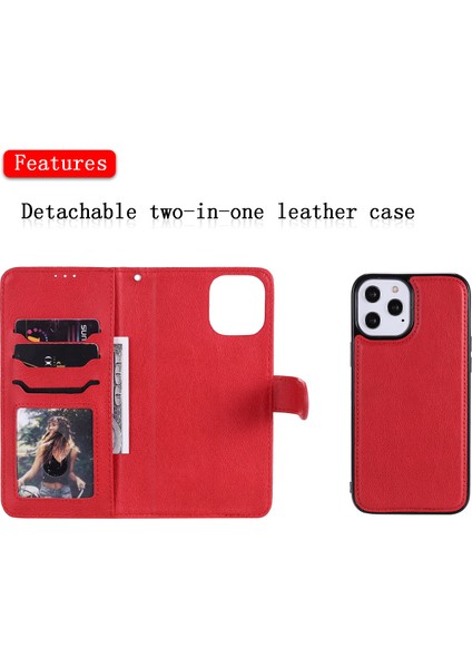 Iphone 12 Pro Max-Red Için Fall Anti-Fall Manyetik Çıkarılabilir 2'si Bir Arada Stand Stand Tasarım Deri Kılıf (Yurt Dışından)