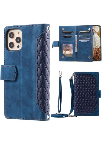 Iphone 12 Pro Max Telefon Kılıfı Tam Koruma Rhombus Doku Zipper Cep Pu Deri Deri Cep Telefon Kapak Standı Strap-Mavi (Yurt Dışından)
