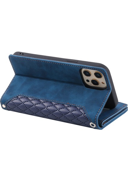 Iphone 12 Pro Max Telefon Kılıfı Tam Koruma Rhombus Doku Zipper Cep Pu Deri Deri Cep Telefon Kapak Standı Strap-Mavi (Yurt Dışından) fırsatları