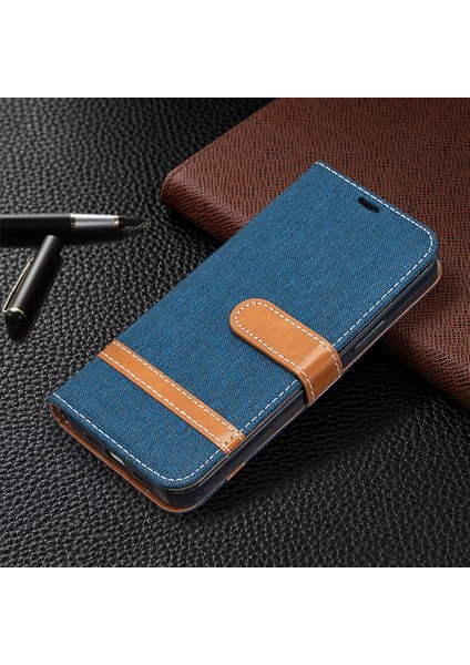 Renk Ekleme Kot Pantolon Kumaş Doku Deri Kabuk iPhone 12 Pro/12 - Koyu Mavi (Yurt Dışından)