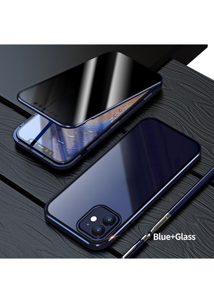 Anti-Peep Manyetik Kurulum Metal Çerçeve Iphone 12 Pro/12-Navy Mavi Için Iki Taraflı Temperli Cam Kılıf (Yurt Dışından)