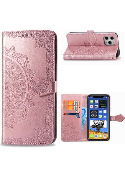 Iphone 12 Pro/iphone 12 Için Kabartmalı Mandala Çiçek Deri Cüzdan Stand Kılıfı - Gül Altın (Yurt Dışından)