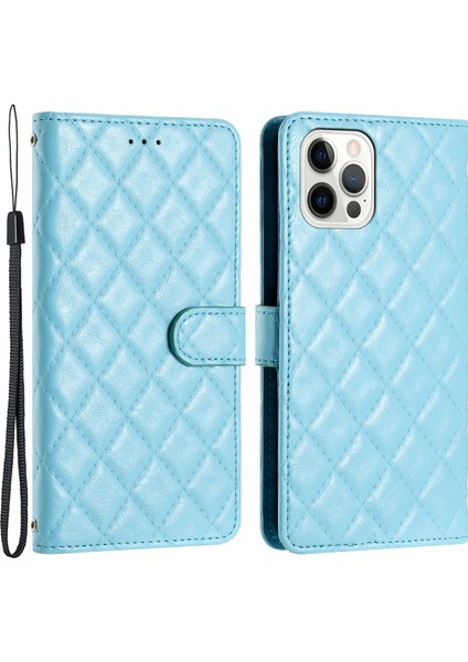 Iphone 12/12 Pro Telefon Kılıfı Pu Deri Telefon Kapağı Cüzdan Stand Dikiş Hattı Rhombus Doku Telefon Case Sky Mavi (Yurt Dışından)