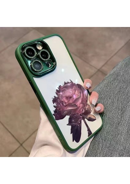 Iphone 12 Pro Max Tpu Için Telefon Kılıfı Kristal Gül Glitter Kamera Yüzük Lens Film Yeşili/pembe Gülle Geri Kapak (Yurt Dışından)