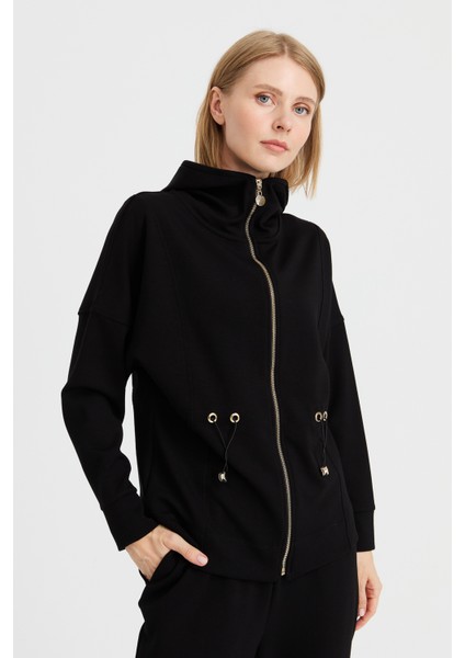 Kadın Kapüşonlu Beli Büzgülü Sweat Siyah