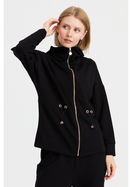 Kadın Kapüşonlu Beli Büzgülü Sweat Siyah