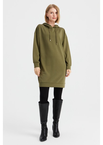 Kadın Kapüşonlu Sweat Elbise Haki