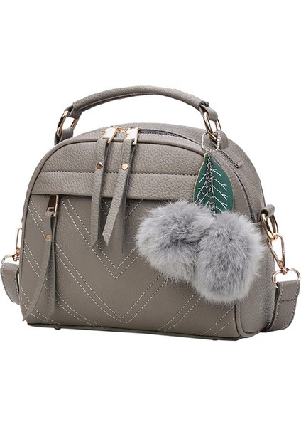 Gri Püskül Messenger Omuz Çantası Kadınlar Için Kız Moda Postacı Çantası Pu Deri Çanta Bayan Boston Hairball Crossbody Tote Çanta (Yurt Dışından)