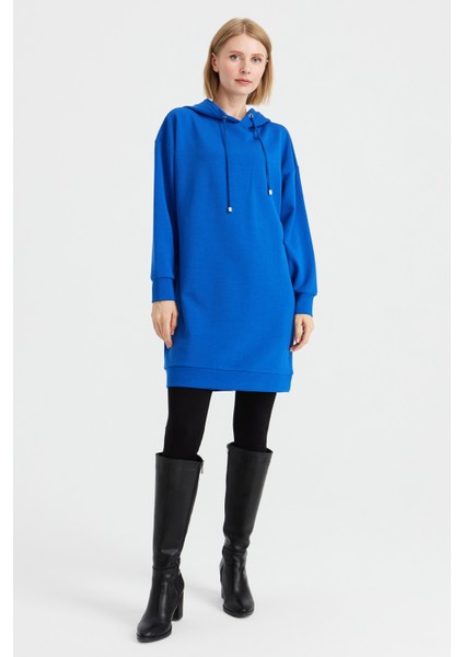 Kadın Kapüşonlu Sweat Elbise Saks