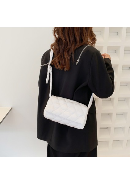 Siyah Moda Dokuma Pamuk Yastıklı Kadın Omuz Çantası Kış Naylon Yastıklı Kapitone Alışveriş Çantaları Kadın Örgü Çanta Crossbody Çanta (Yurt Dışından) fırsatları