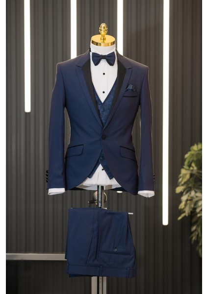 Slimfit Armürlü Mono Çıkmalı Yaka Çift Taraflı Yelekli Papyonlu Smokin Takım Elbise fiyatları