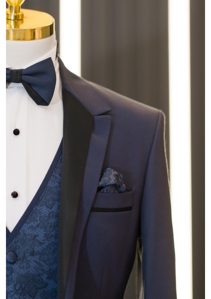 Slimfit Armürlü Mono Çıkmalı Yaka Çift Taraflı Yelekli Papyonlu Smokin Takım Elbise modelleri