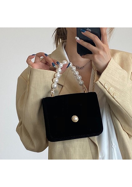 Kaliteli Siyah Vintage Küçük Kare Omuz Çantası Kadınlar Için Inci Zincir Bayanlar Tote Çanta Akşam Debriyaj Çanta Moda Kadın Crossbody Çanta (Yurt Dışından)