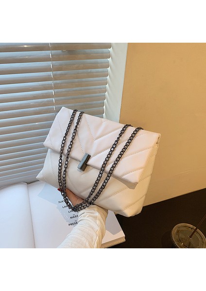 Stil 1 Beyaz Moda Kadın Pu Messenger Çanta Casual Bayanlar Zincir Düz Renk Flap Çanta Moda Cep Telefonu Crossbody Messenger Çanta (Yurt Dışından)