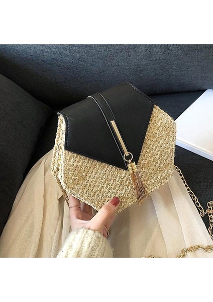 Siyah Hex-Şekil Mulit Tarzı Hasır + Deri Çanta Kadın Yaz Kamış Örgü Çanta El Yapımı Dokuma Plaj Daire Bohemya Omuz Çantası Yeni Moda (Yurt Dışından)