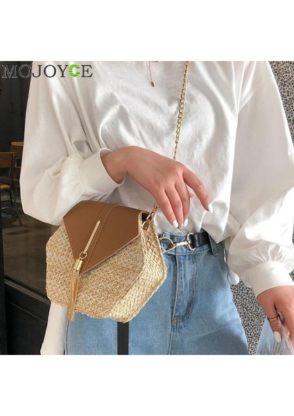 Siyah Hex-Şekil Mulit Tarzı Hasır + Deri Çanta Kadın Yaz Kamış Örgü Çanta El Yapımı Dokuma Plaj Daire Bohemya Omuz Çantası Yeni Moda (Yurt Dışından) modelleri