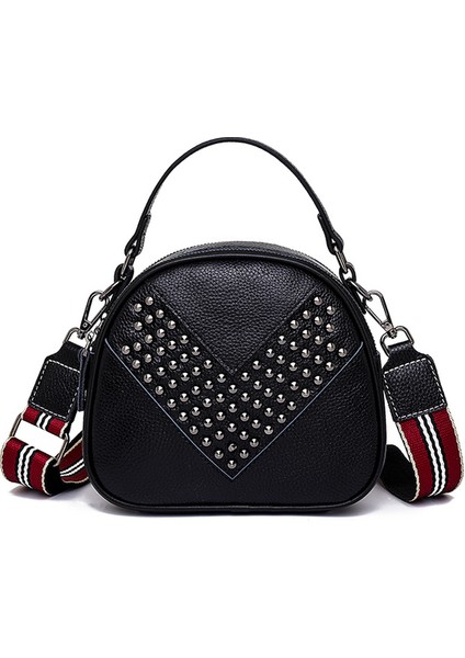 Siyah 100% Dana Kadın Çanta Moda Kadın Çanta Lüks Hakiki Deri Perçin Kadın Messenger Tote Çanta Marka Bayanlar Omuz Çantası (Yurt Dışından)
