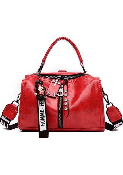 Kırmızı 2021 Yeni Moda Işlevli Kadın Çanta Yüksek Kaliteli Deri Kadın Omuz Çantaları Tasarımcı Perçin Kadın Messenger Tote Çanta (Yurt Dışından)