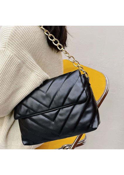 Stil 2 Siyah Moda Kadın Pu Messenger Çanta Casual Bayanlar Zincir Düz Renk Flap Çanta Moda Cep Telefonu Crossbody Messenger Çanta (Yurt Dışından)