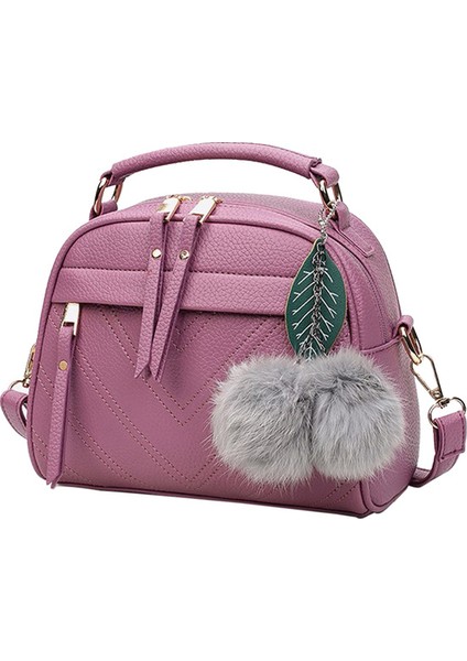 Mor Püskül Messenger Omuz Çantası Kadınlar Için Kız Moda Postacı Çantası Pu Deri Çanta Bayan Boston Hairball Crossbody Tote Çanta (Yurt Dışından)