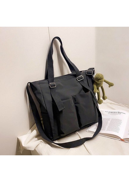 Siyah Kurbağa Kadın Çantası Shopper Basit Moda Fermuar Çanta Naylon Su Geçirmez Katı Crossbody Kadınlar Için Büyük Kapasiteli Tote Omuz Çantaları (Yurt Dışından)