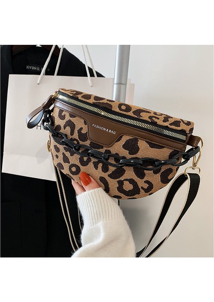 Kahverengi Kadın Çantası Rahat Tatil Crossbody Göğüs Çanta Leopar Desen Fermuarlı Bel Çantaları Marka Yarım Ay Lüks Kadın Fanny Paketi (Yurt Dışından)