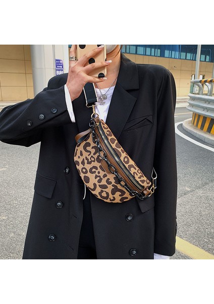 Kahverengi Kadın Çantası Rahat Tatil Crossbody Göğüs Çanta Leopar Desen Fermuarlı Bel Çantaları Marka Yarım Ay Lüks Kadın Fanny Paketi (Yurt Dışından)