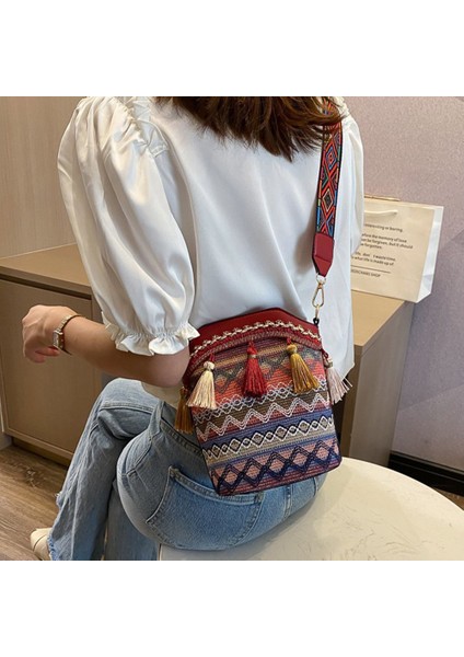Püskül Saçaklı Tote Çanta Crossbody Omuz Çantası Geniş Kayış Lüks Tasarımcı Çanta ile Kırmızı Bohem Örgü Kova Crossbody Çanta (Yurt Dışından) indirimleri