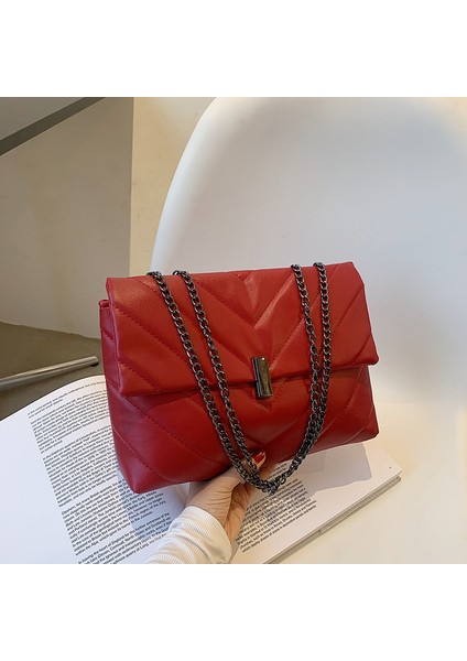 Stil 1 Kırmızı Moda Kadın Pu Messenger Çanta Casual Bayanlar Zincir Düz Renk Flap Çanta Moda Cep Telefonu Crossbody Messenger Çanta (Yurt Dışından)