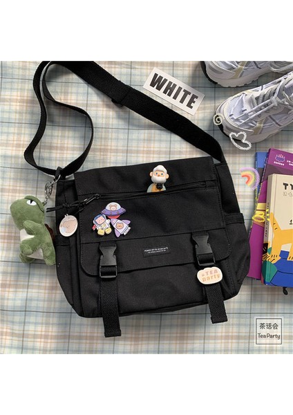 Siyah Rozet Dinozor Japon Harajuku Çok Yönlü Tuval Kadın Postacı Çantası Düz Renk Çevirme Rahat Çanta Omuzdan Askili Çanta Genç Kız Crossbody Çanta (Yurt Dışından)