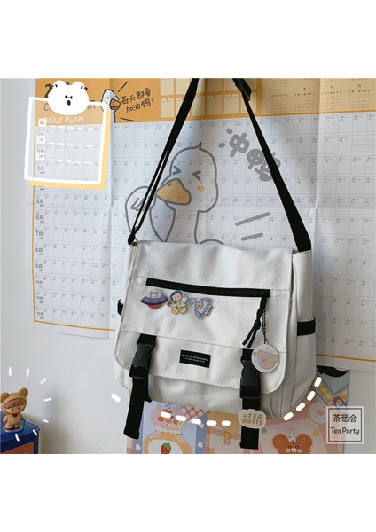 Siyah Rozet Ayı) Japon Harajuku Çok Yönlü Tuval Kadın Postacı Çantası Düz Renk Çevirme Rahat Çanta Omuzdan Askili Çanta Genç Kız Crossbody Çanta (Yurt Dışından) fırsatları