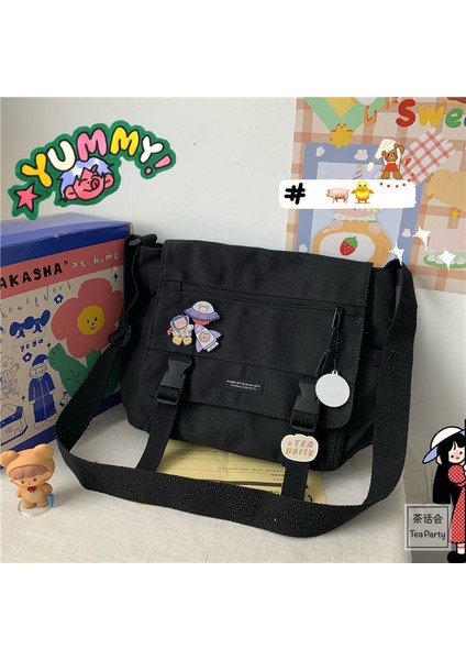 Siyah Rozet Ayı) Japon Harajuku Çok Yönlü Tuval Kadın Postacı Çantası Düz Renk Çevirme Rahat Çanta Omuzdan Askili Çanta Genç Kız Crossbody Çanta (Yurt Dışından) indirimleri