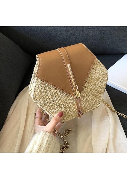 Açık Kahverengi Altıgen Şekilli Çok Stil Hasır + Deri Çanta Kadın Yaz Rattan Çanta El Yapımı Dokuma Plaj Daire Bohemya Omuz Çantası Yeni Moda (Yurt Dışından)