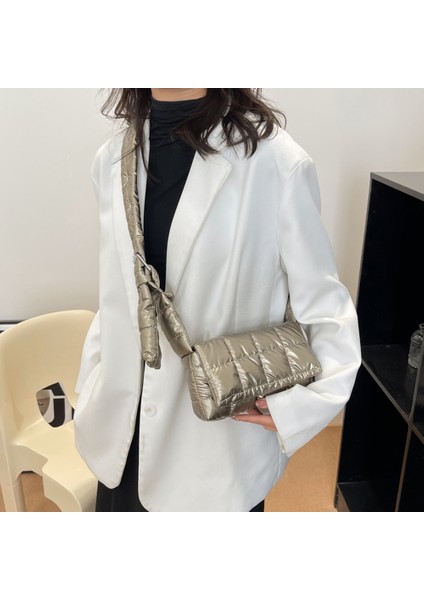 Gümüş Kapitone Kadın Askılı Çanta Moda Kontrol Bayanlar Çanta Rahat Toka Sonbahar Kış Flap Alışveriş Seyahat Için Yumuşak Düz Renk (Yurt Dışından)