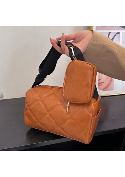 Kahverengi Basit Moda Pu Deri Yastık Kadınlar Için Crossbody Çanta Elmas Kafes Tasarımcı Lüks Çanta Çanta Kadın Omuz Tote Çanta (Yurt Dışından)